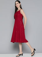 Jompers Women's Maroon Floral Sequin Embroidered A-Line Midi Dress - Maroon | Grocsy