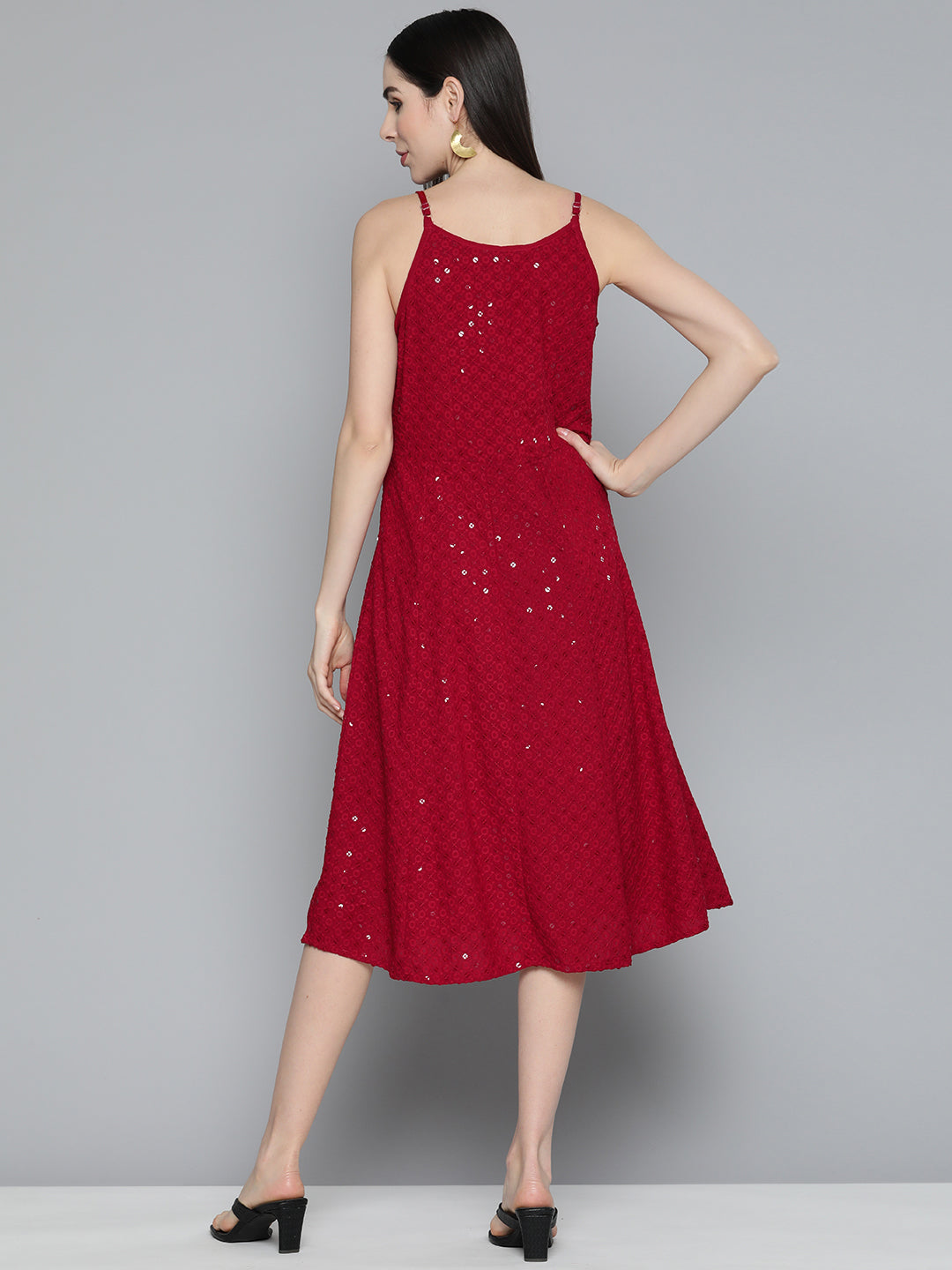 Jompers Women's Maroon Floral Sequin Embroidered A-Line Midi Dress - Maroon | Grocsy
