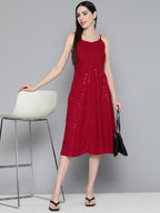 Jompers Women's Maroon Floral Sequin Embroidered A-Line Midi Dress - Maroon | Grocsy