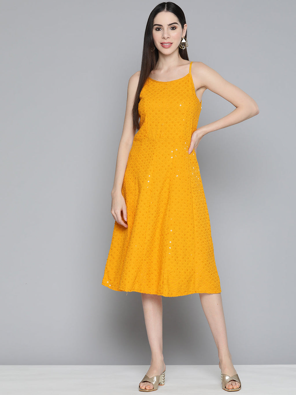 Jompers Women's Mustard Floral Sequin Embroidered A-Line Midi Dress - Mustard | Grocsy