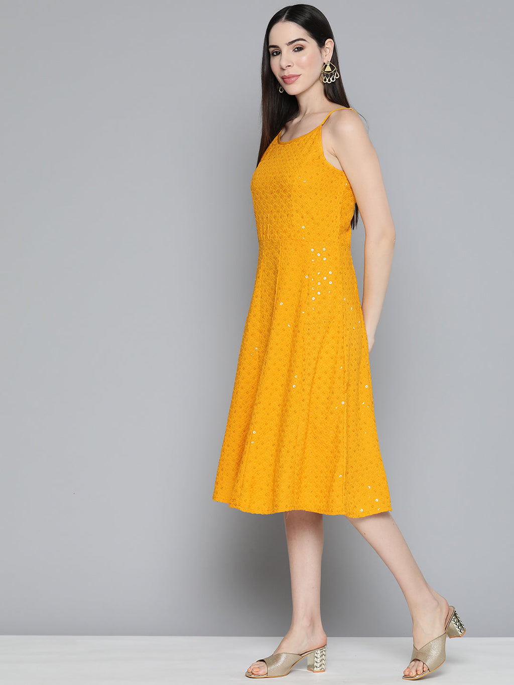 Jompers Women's Mustard Floral Sequin Embroidered A-Line Midi Dress - Mustard | Grocsy