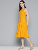 Jompers Women's Mustard Floral Sequin Embroidered A-Line Midi Dress - Mustard | Grocsy