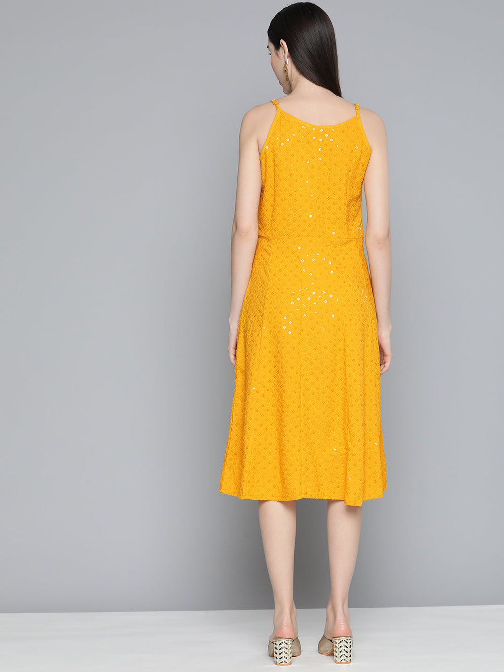 Jompers Women's Mustard Floral Sequin Embroidered A-Line Midi Dress - Mustard | Grocsy