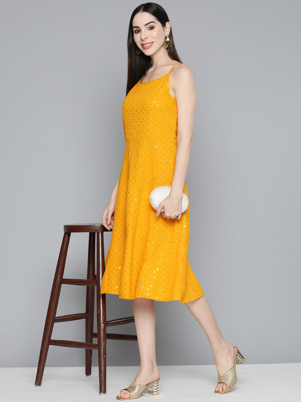 Jompers Women's Mustard Floral Sequin Embroidered A-Line Midi Dress - Mustard | Grocsy
