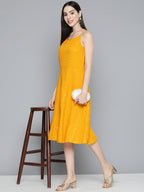 Jompers Women's Mustard Floral Sequin Embroidered A-Line Midi Dress - Mustard | Grocsy