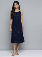 Jompers Women's Navy Floral Sequin Embroidered A-Line Midi Dress | Grocsy