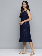 Jompers Women's Navy Floral Sequin Embroidered A-Line Midi Dress | Grocsy
