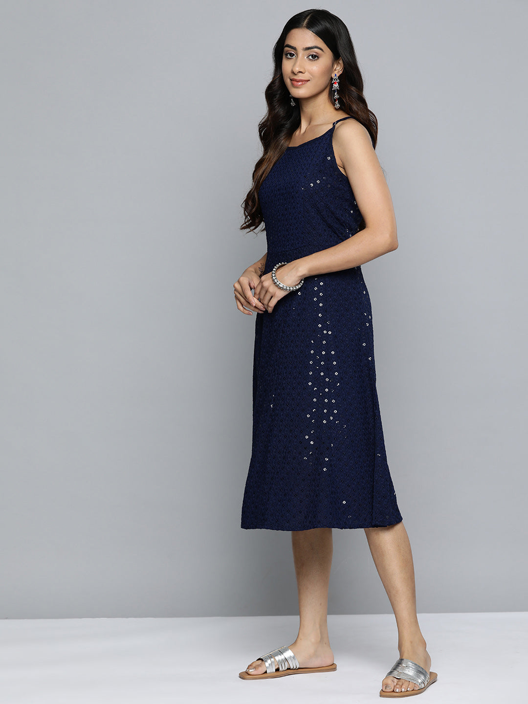 Jompers Women's Navy Floral Sequin Embroidered A-Line Midi Dress | Grocsy