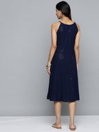 Jompers Women's Navy Floral Sequin Embroidered A-Line Midi Dress | Grocsy