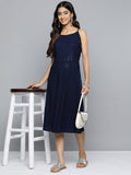 Jompers Women's Navy Floral Sequin Embroidered A-Line Midi Dress | Grocsy