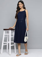 Jompers Women's Navy Floral Sequin Embroidered A-Line Midi Dress | Grocsy