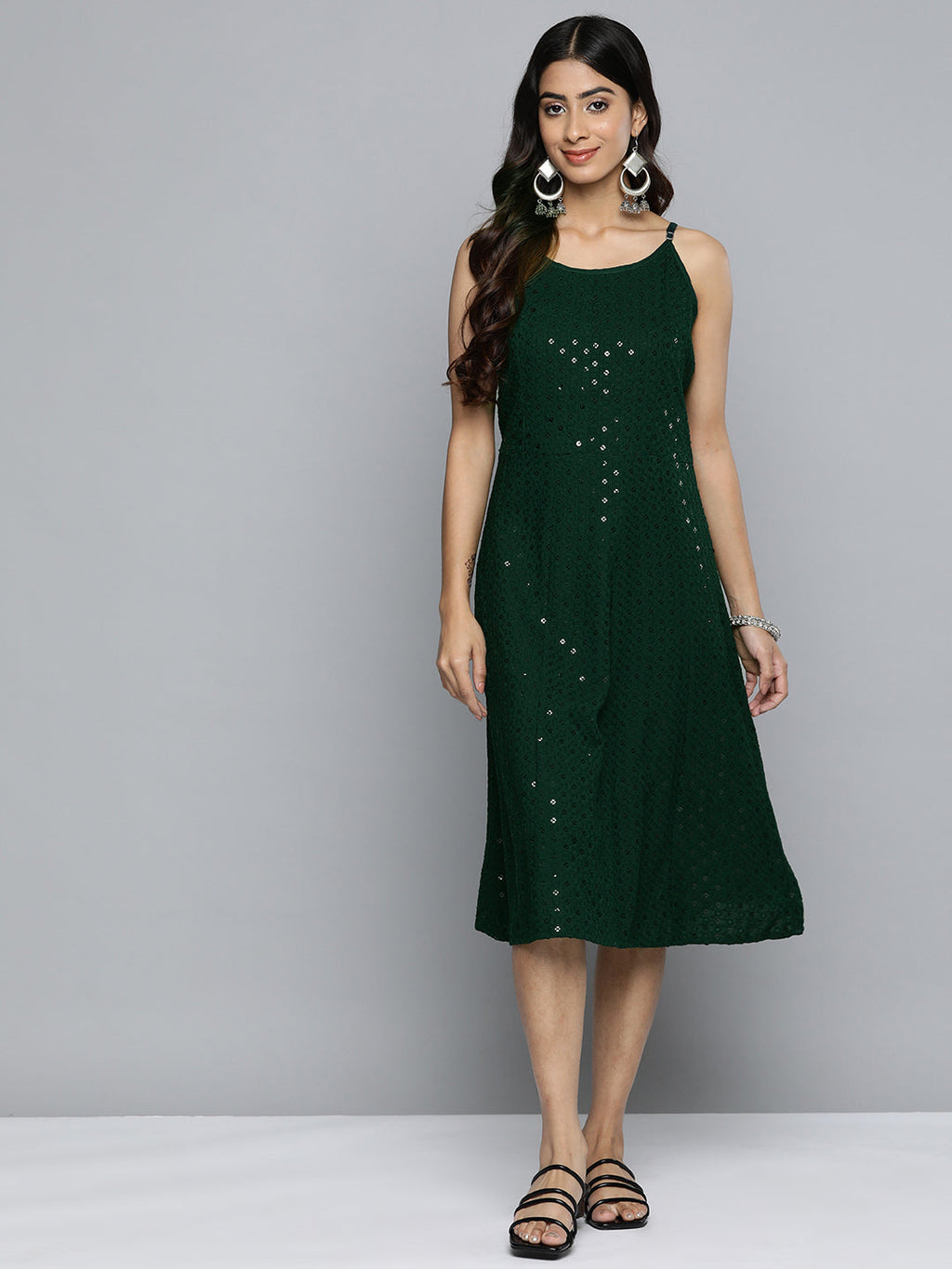 Jompers Women's Olive Floral Sequin Embroidered A-Line Midi Dress | Grocsy