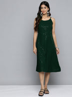 Jompers Women's Olive Floral Sequin Embroidered A-Line Midi Dress | Grocsy