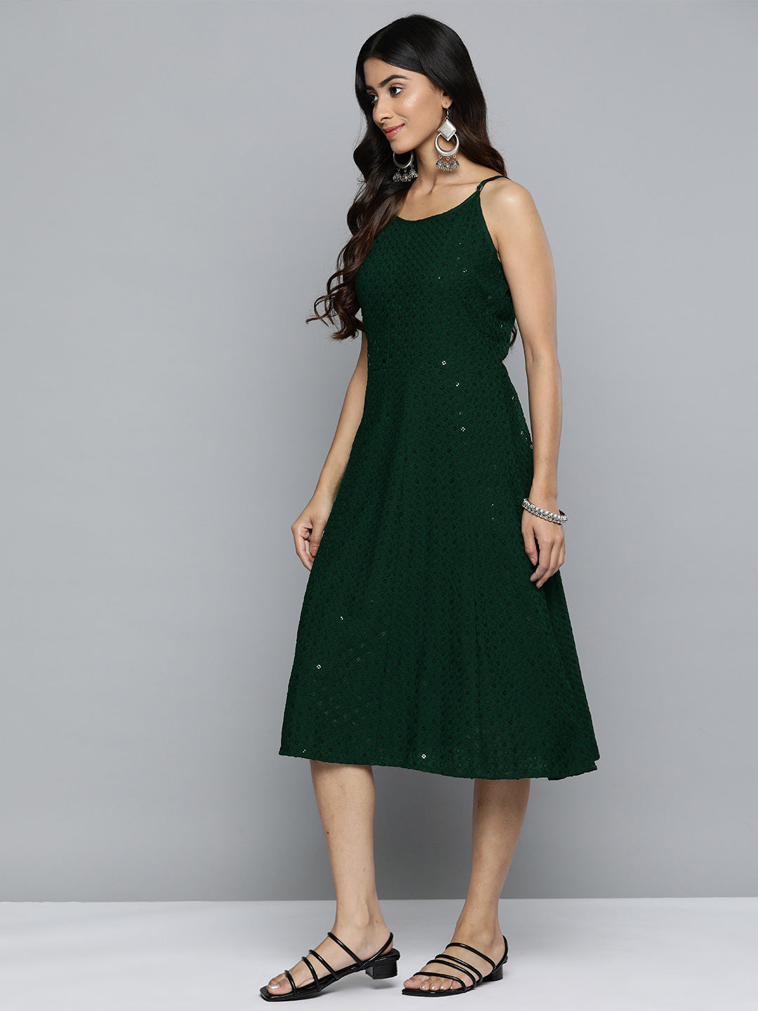Jompers Women's Olive Floral Sequin Embroidered A-Line Midi Dress | Grocsy