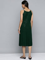 Jompers Women's Olive Floral Sequin Embroidered A-Line Midi Dress | Grocsy