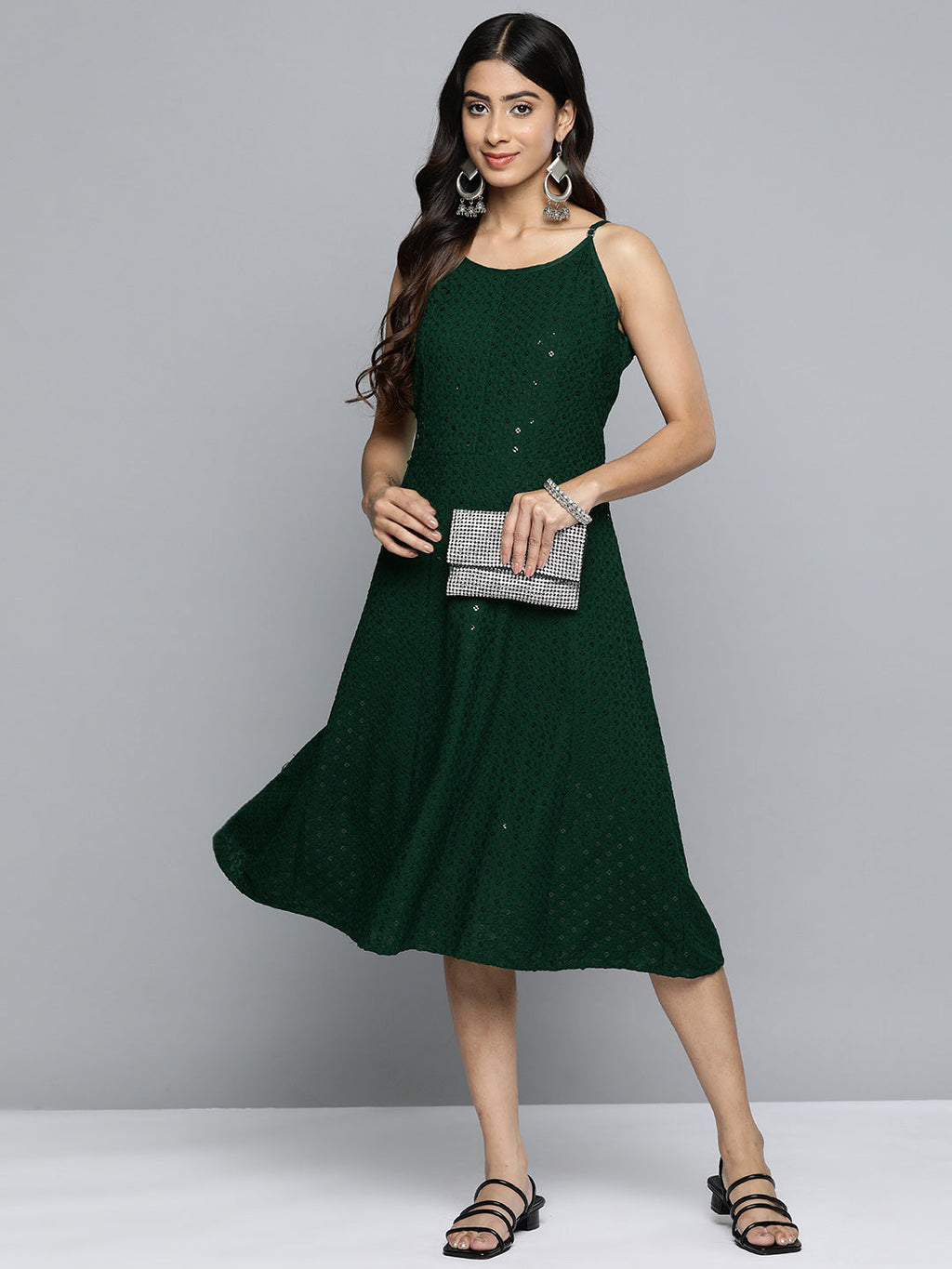 Jompers Women's Olive Floral Sequin Embroidered A-Line Midi Dress | Grocsy