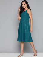 Jompers Women's Blue Floral Sequin Embroidered A-Line Midi Dress - Peacock | Grocsy