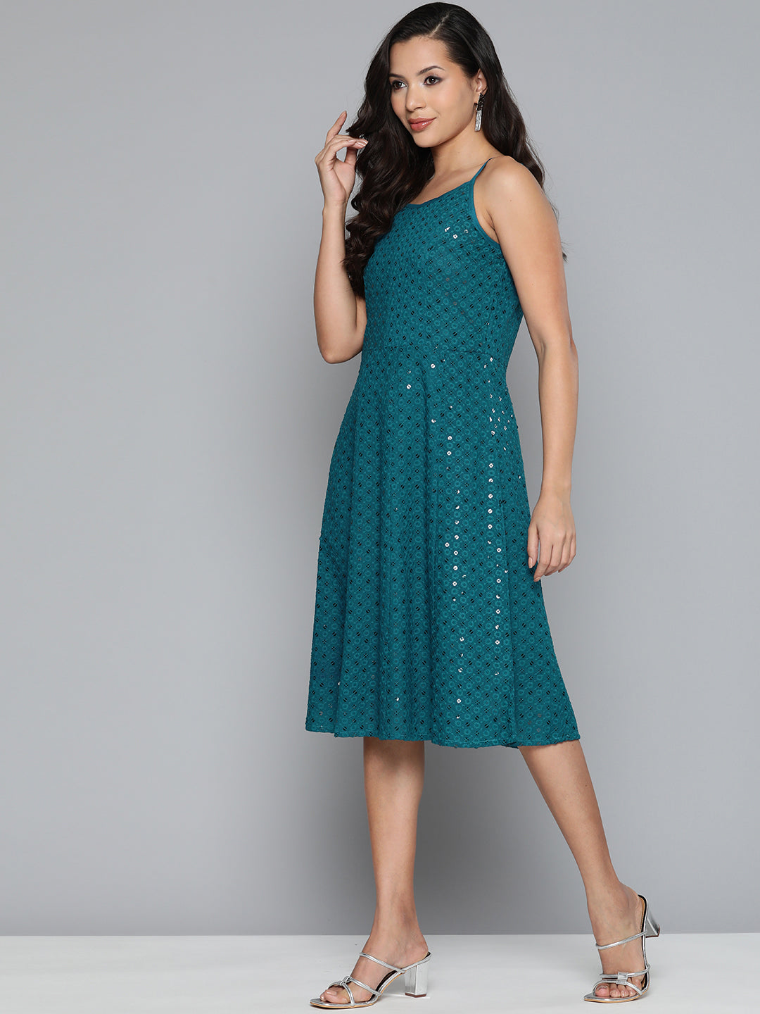 Jompers Women's Blue Floral Sequin Embroidered A-Line Midi Dress - Peacock | Grocsy