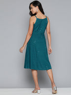 Jompers Women's Blue Floral Sequin Embroidered A-Line Midi Dress - Peacock | Grocsy