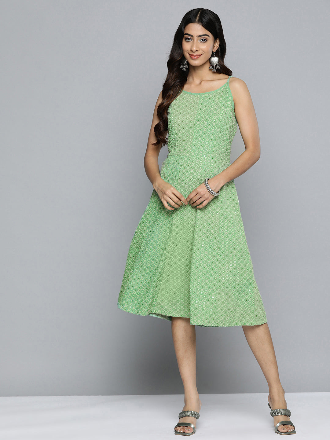 Jompers Women's Green Floral Sequin Embroidered A-Line Midi Dress | Grocsy