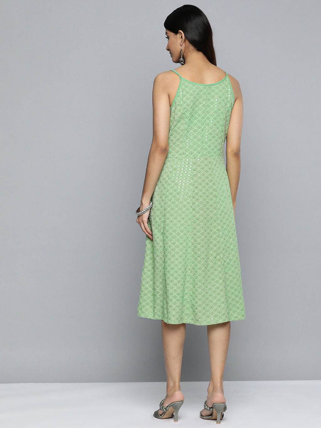 Jompers Women's Green Floral Sequin Embroidered A-Line Midi Dress | Grocsy