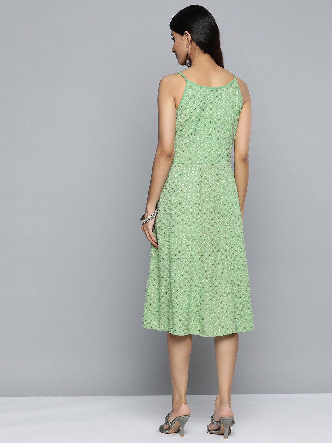 Jompers Women's Green Floral Sequin Embroidered A-Line Midi Dress | Grocsy