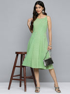 Jompers Women's Green Floral Sequin Embroidered A-Line Midi Dress | Grocsy