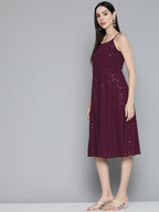 Jompers Women's Purple Floral Sequin Embroidered A-Line Midi Dress - Purple | Grocsy