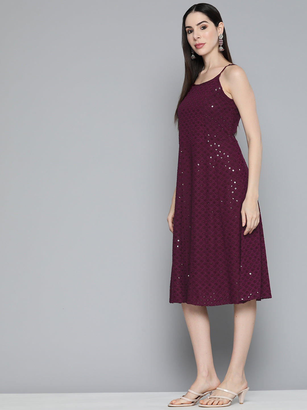 Jompers Women's Purple Floral Sequin Embroidered A-Line Midi Dress - Purple | Grocsy