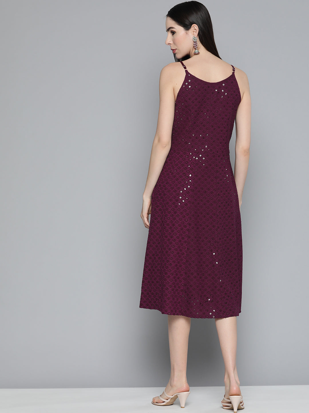 Jompers Women's Purple Floral Sequin Embroidered A-Line Midi Dress - Purple | Grocsy