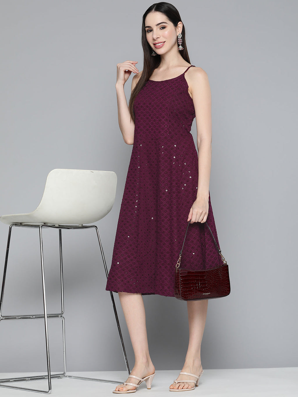Jompers Women's Purple Floral Sequin Embroidered A-Line Midi Dress - Purple | Grocsy