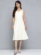 Jompers Women's White Floral Sequin Embroidered A-Line Midi Dress | Grocsy