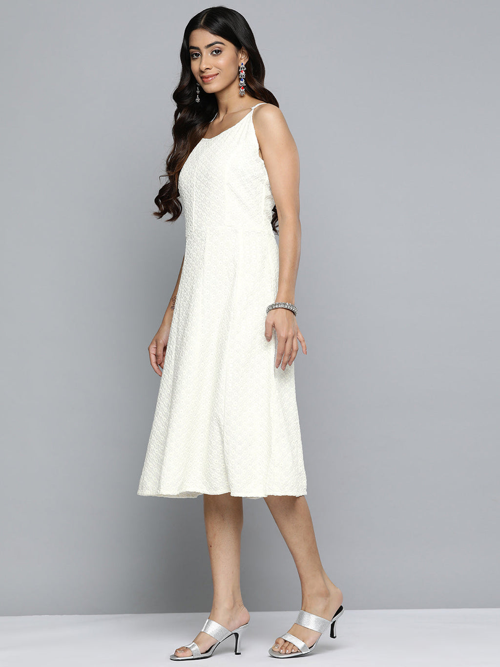 Jompers Women's White Floral Sequin Embroidered A-Line Midi Dress | Grocsy