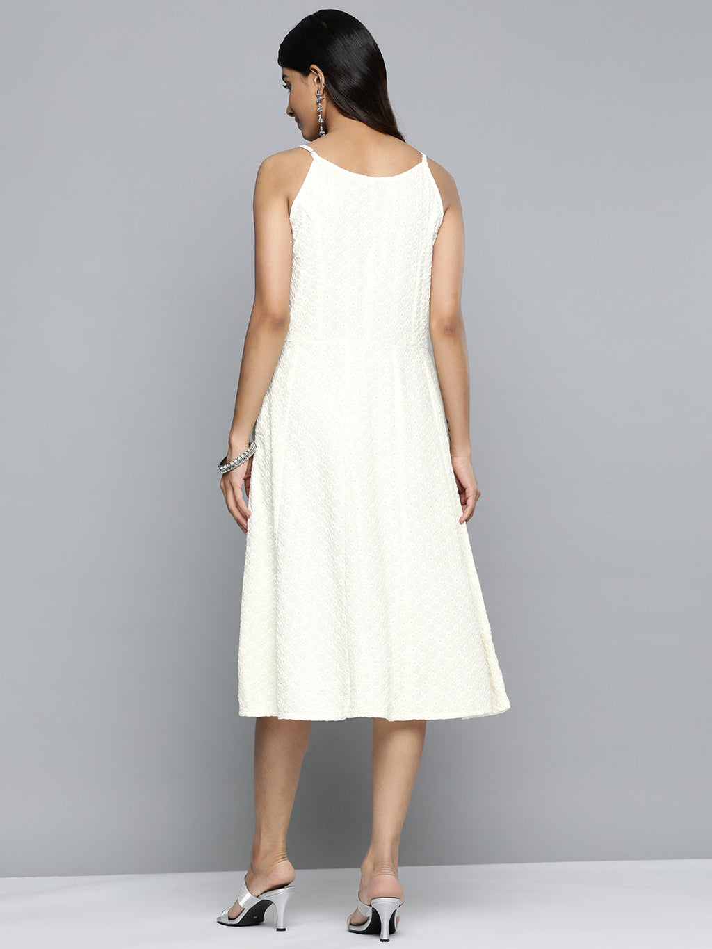 Jompers Women's White Floral Sequin Embroidered A-Line Midi Dress | Grocsy
