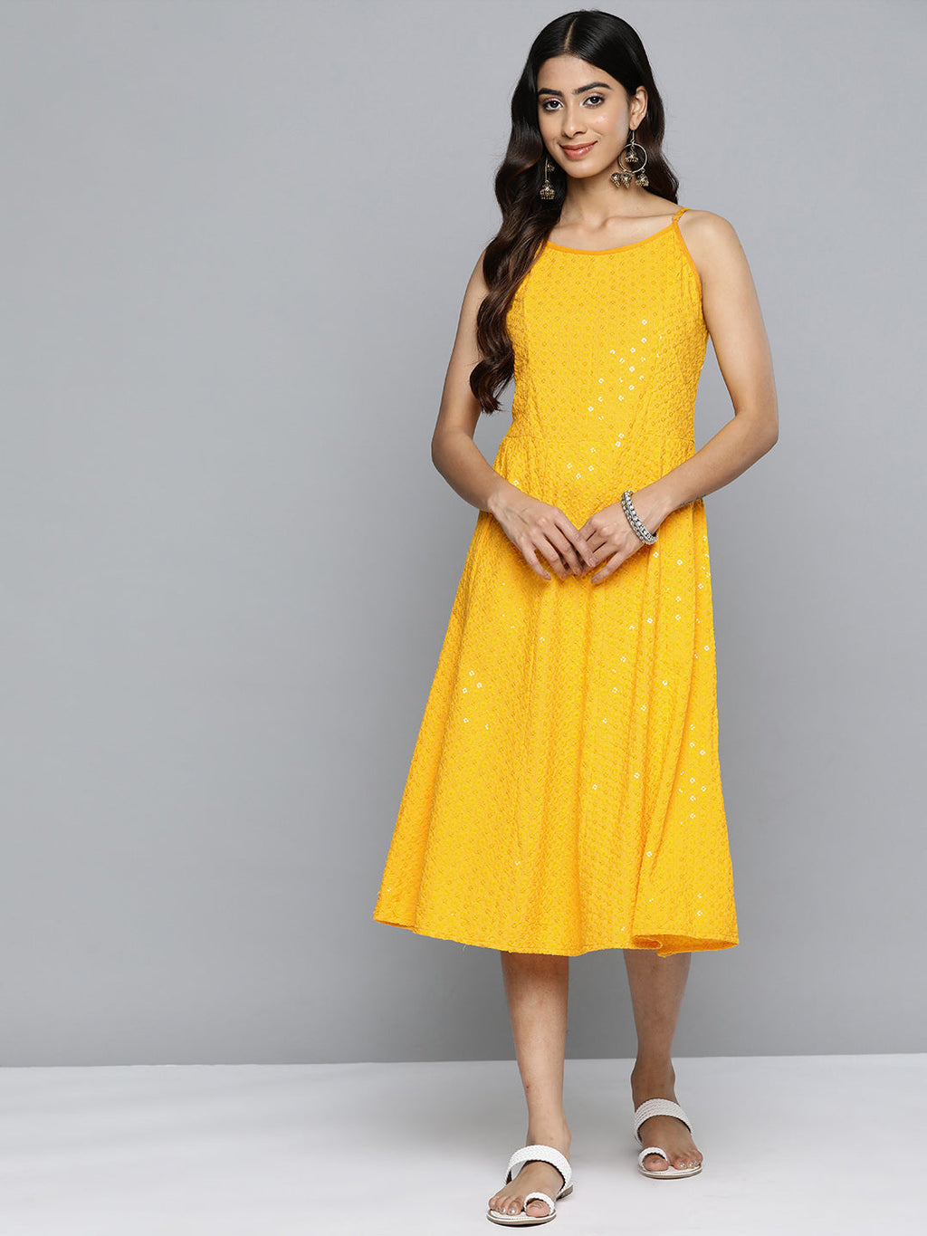 Jompers Women's Yellow Floral Sequin Embroidered A-Line Midi Dress | Grocsy