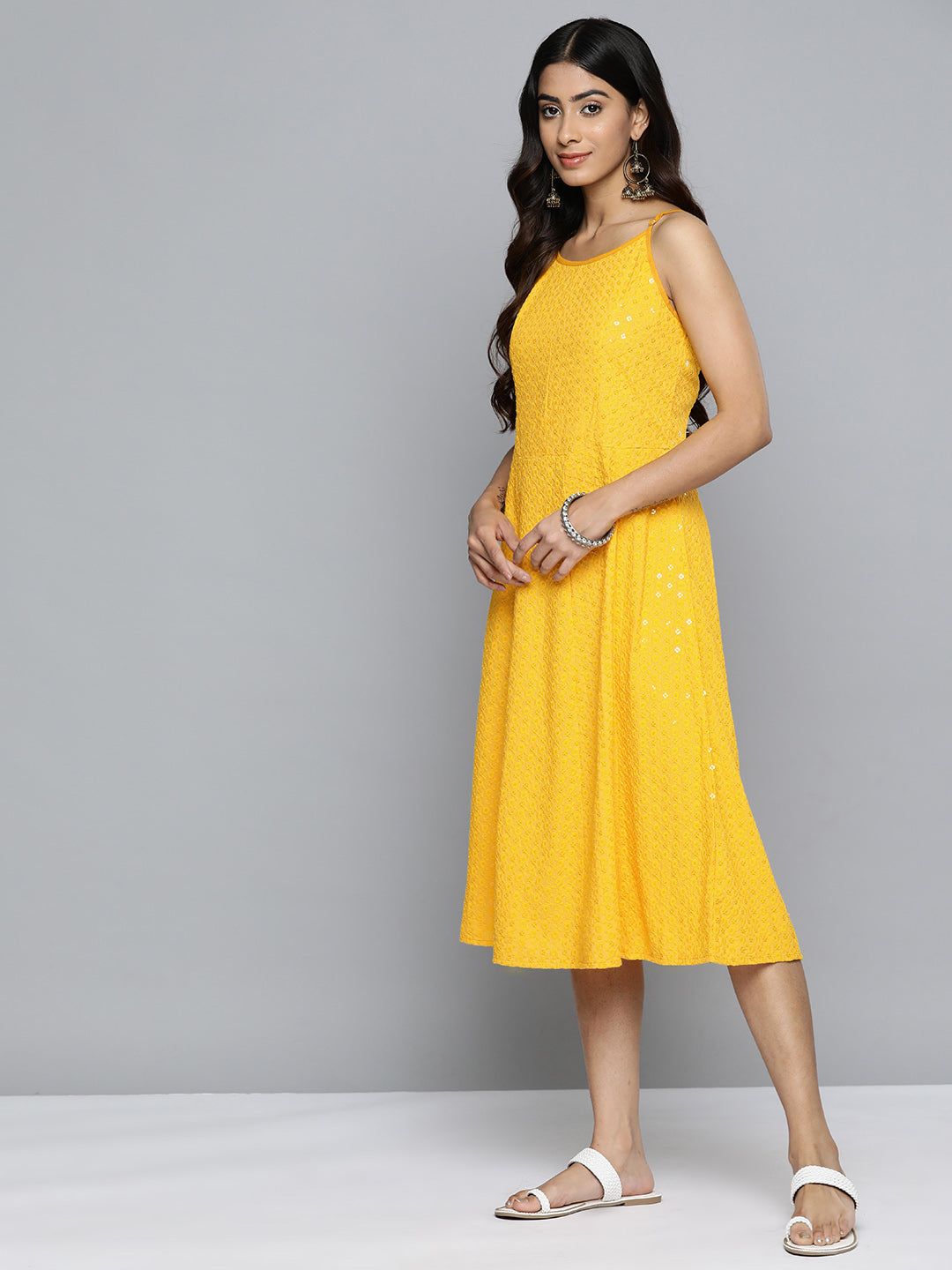 Jompers Women's Yellow Floral Sequin Embroidered A-Line Midi Dress | Grocsy