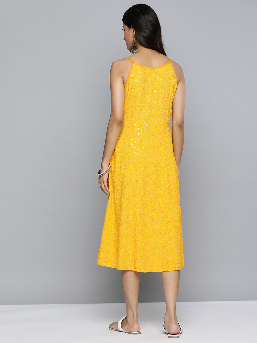 Jompers Women's Yellow Floral Sequin Embroidered A-Line Midi Dress | Grocsy
