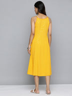 Jompers Women's Yellow Floral Sequin Embroidered A-Line Midi Dress | Grocsy