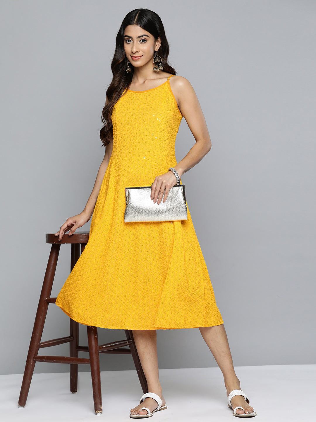 Jompers Women's Yellow Floral Sequin Embroidered A-Line Midi Dress | Grocsy