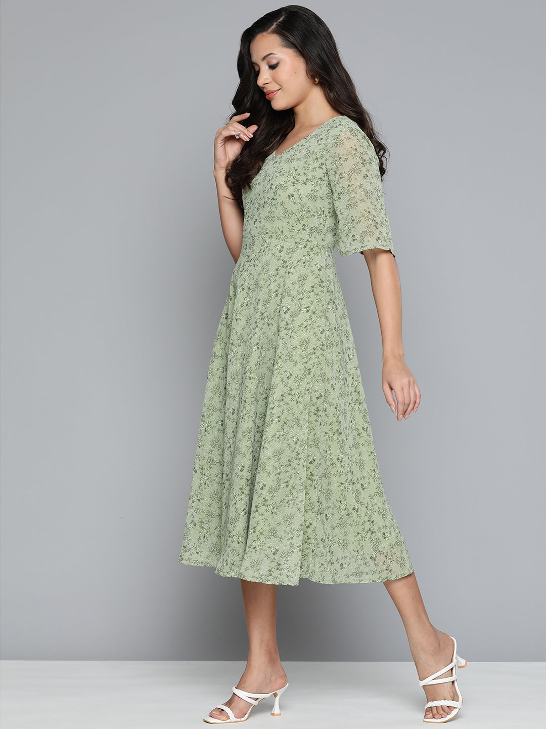 Jompers Women's Floral Georgette A-Line Midi Dress - Green | Grocsy
