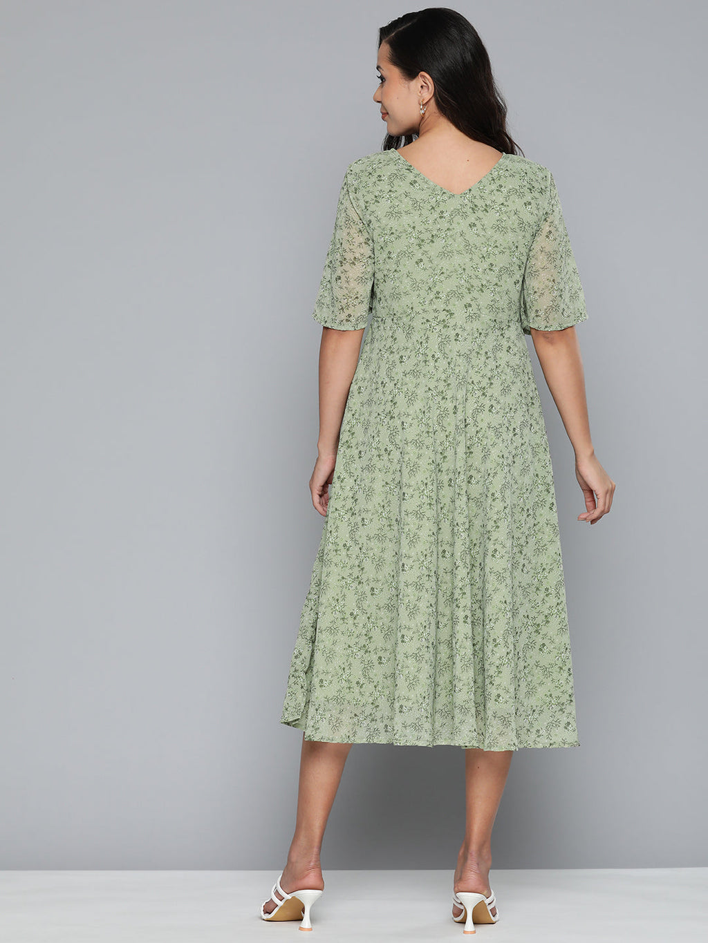 Jompers Women's Floral Georgette A-Line Midi Dress - Green | Grocsy