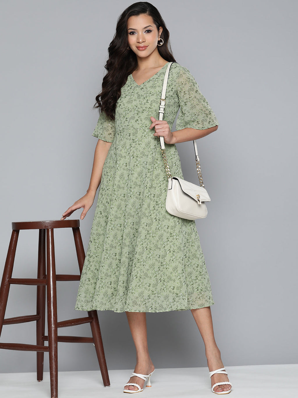 Jompers Women's Floral Georgette A-Line Midi Dress - Green | Grocsy
