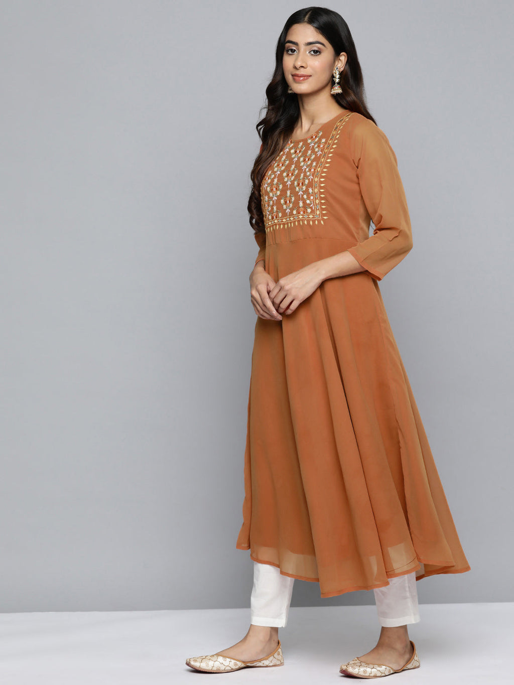 Jompers Women's Floral Embroidered Thread Work Floral Georgette Anarkali Kurta - Orange | Grocsy