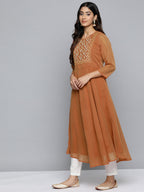 Jompers Women's Floral Embroidered Thread Work Floral Georgette Anarkali Kurta - Orange | Grocsy