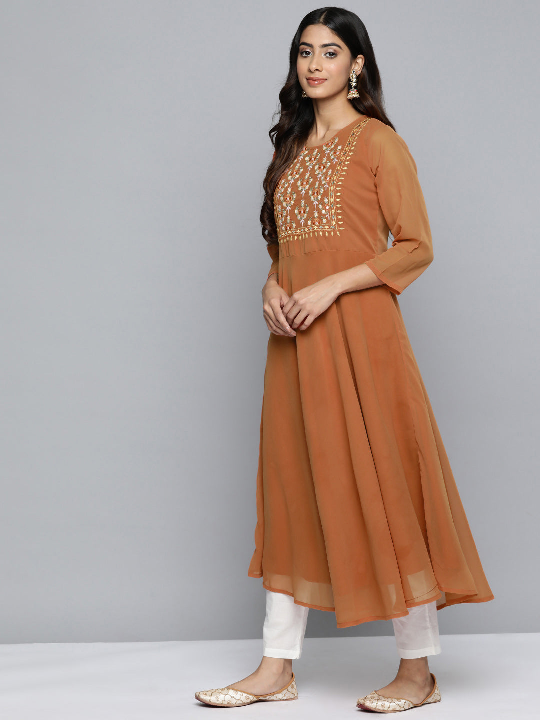 Jompers Women's Floral Embroidered Thread Work Floral Georgette Anarkali Kurta - Orange | Grocsy