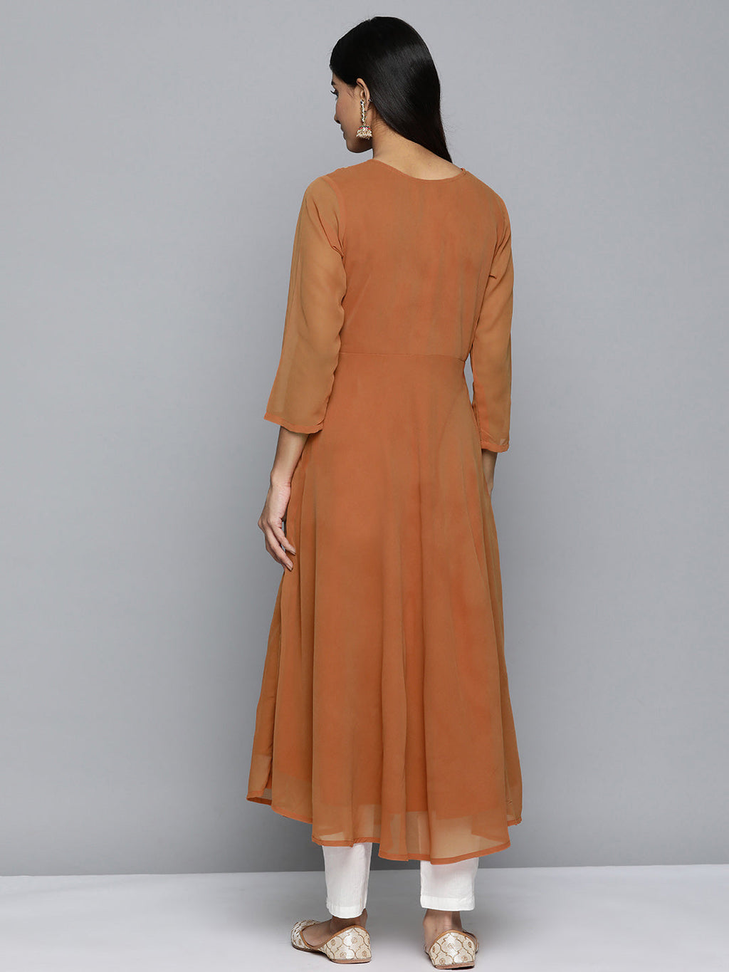 Jompers Women's Floral Embroidered Thread Work Floral Georgette Anarkali Kurta - Orange | Grocsy