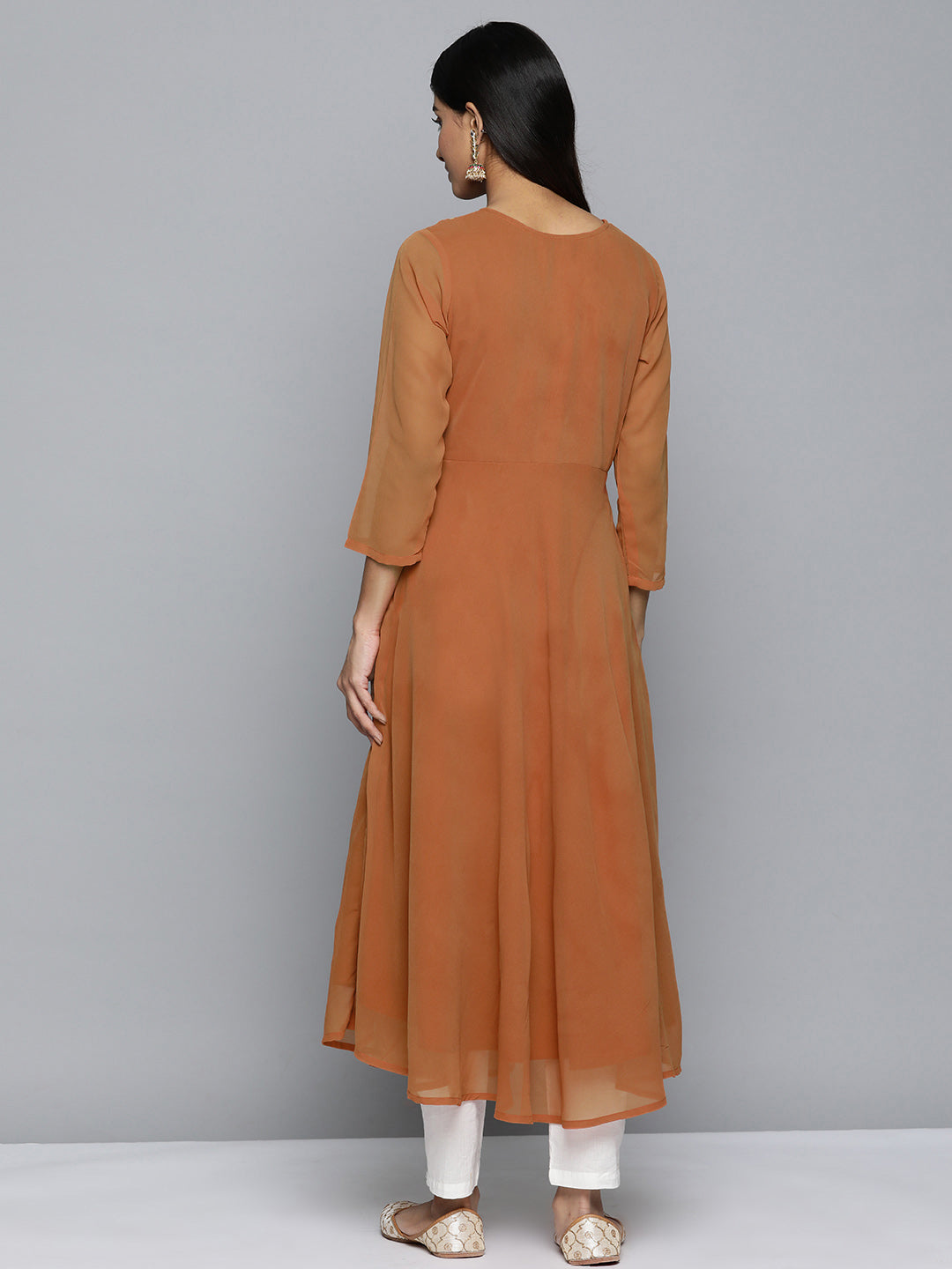 Jompers Women's Floral Embroidered Thread Work Floral Georgette Anarkali Kurta - Orange | Grocsy