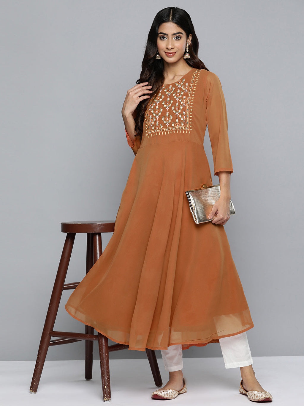 Jompers Women's Floral Embroidered Thread Work Floral Georgette Anarkali Kurta - Orange | Grocsy