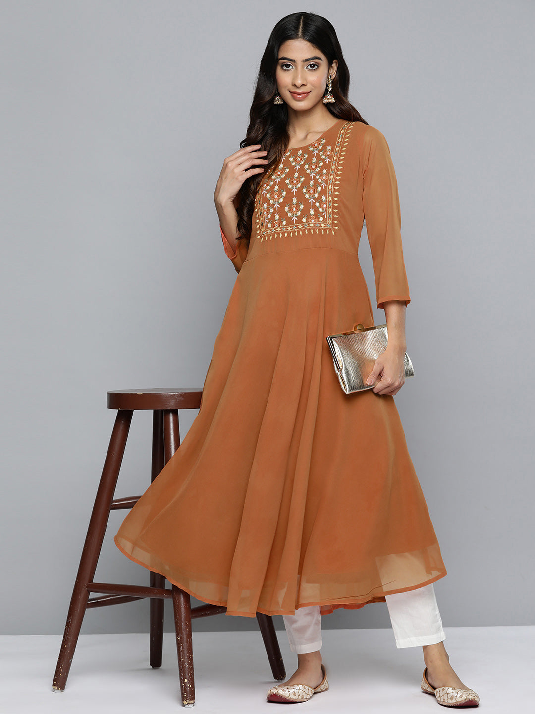 Jompers Women's Floral Embroidered Thread Work Floral Georgette Anarkali Kurta - Orange | Grocsy
