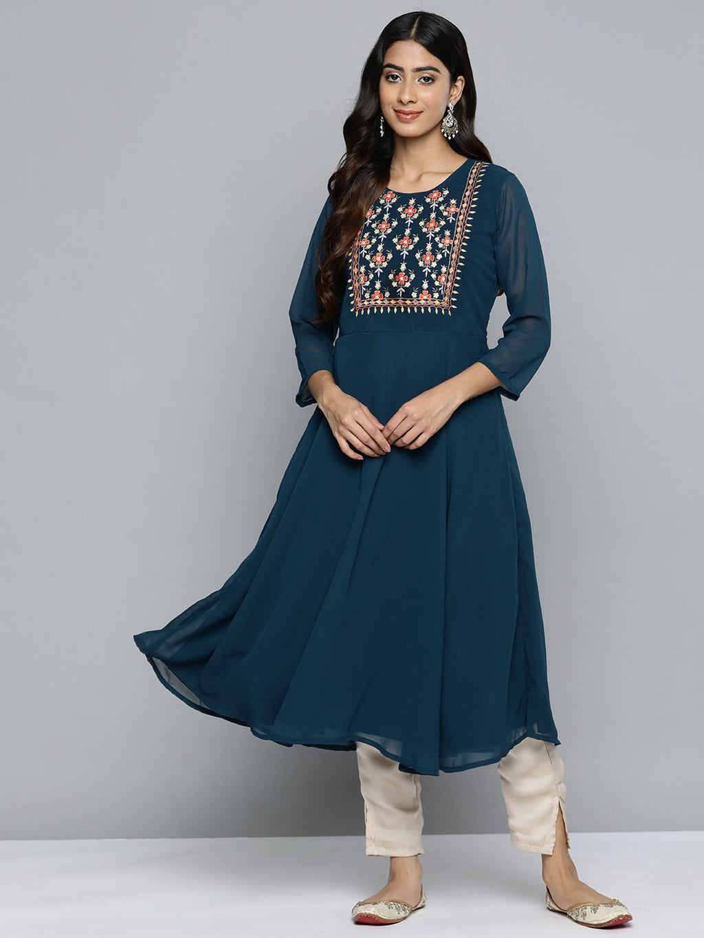 Jompers Women's Floral Embroidered Thread Work Floral Georgette Anarkali Kurta - Teal | Grocsy